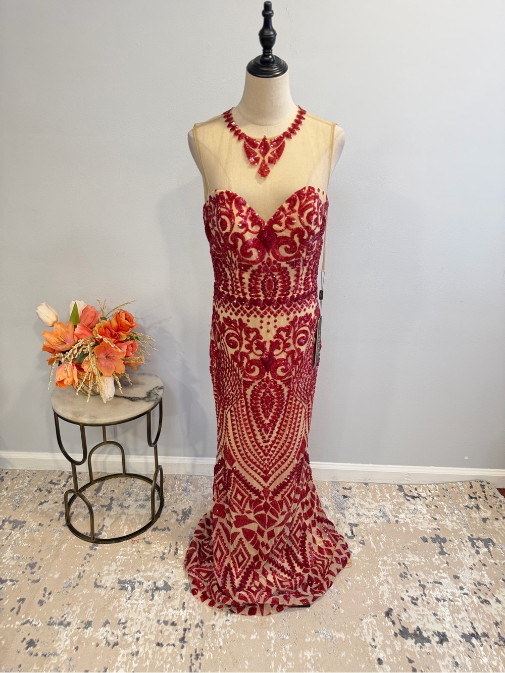 Stella Red & Nude Sequins Embroidered Illusion Neckline Formal Evening Gown